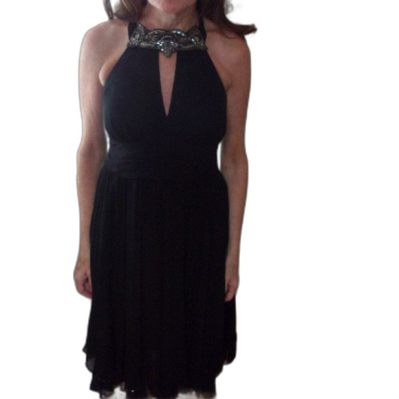 Karen Millen Silk Dress Lined Jeweled Sequins Sz. 2 Black Formal Knee Length - Picture 2 of 10